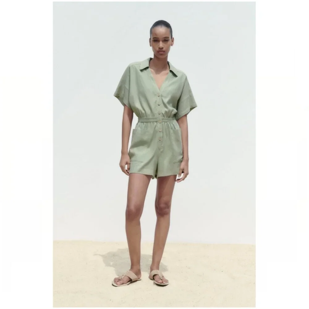 Zara Linen Blend Shirt Style Playsuit